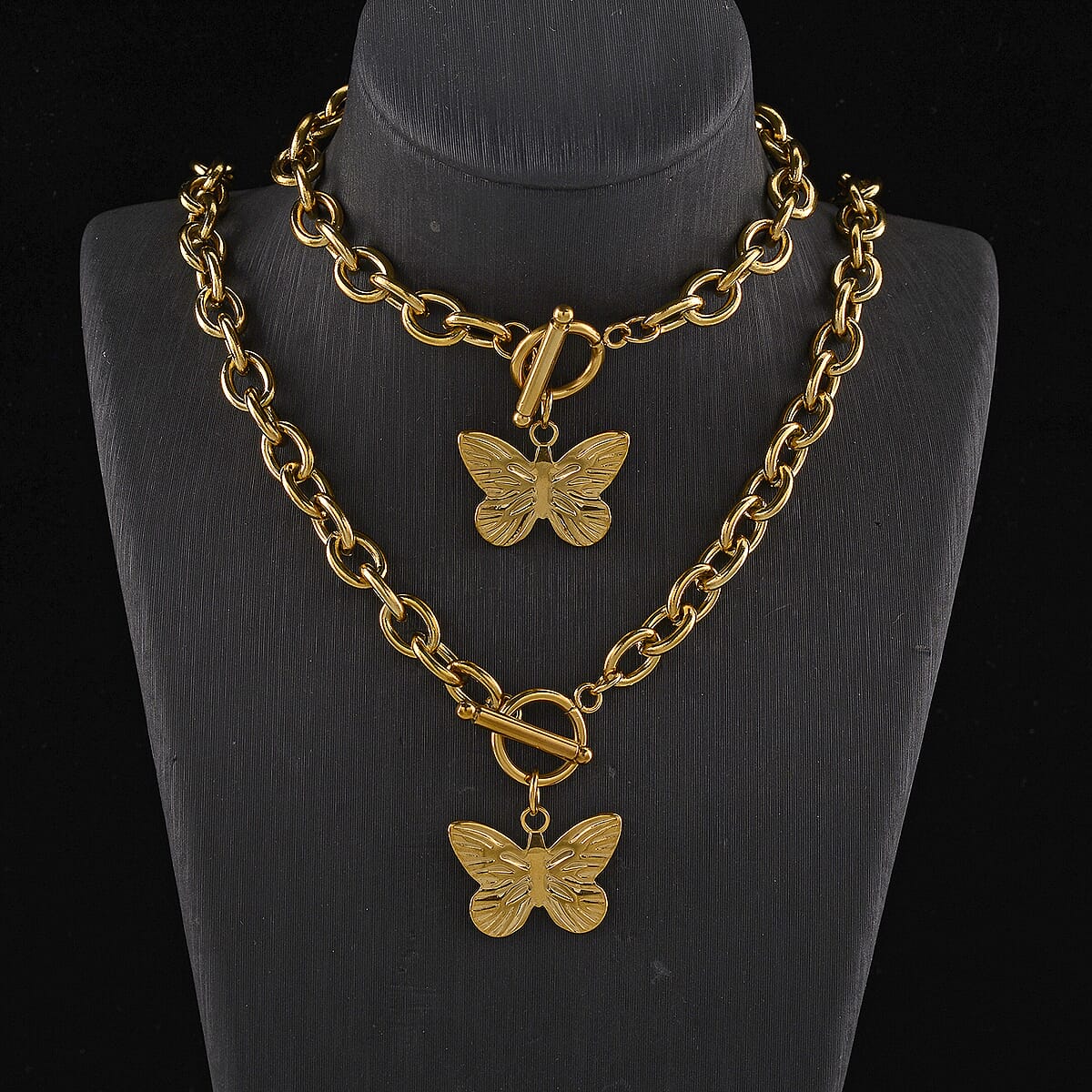 2pcs Set - Beautiful Butterfly Charm Bracelet (8.0In) and Necklace 24 Inches in ION Plated YG Stainless Steel image number 1