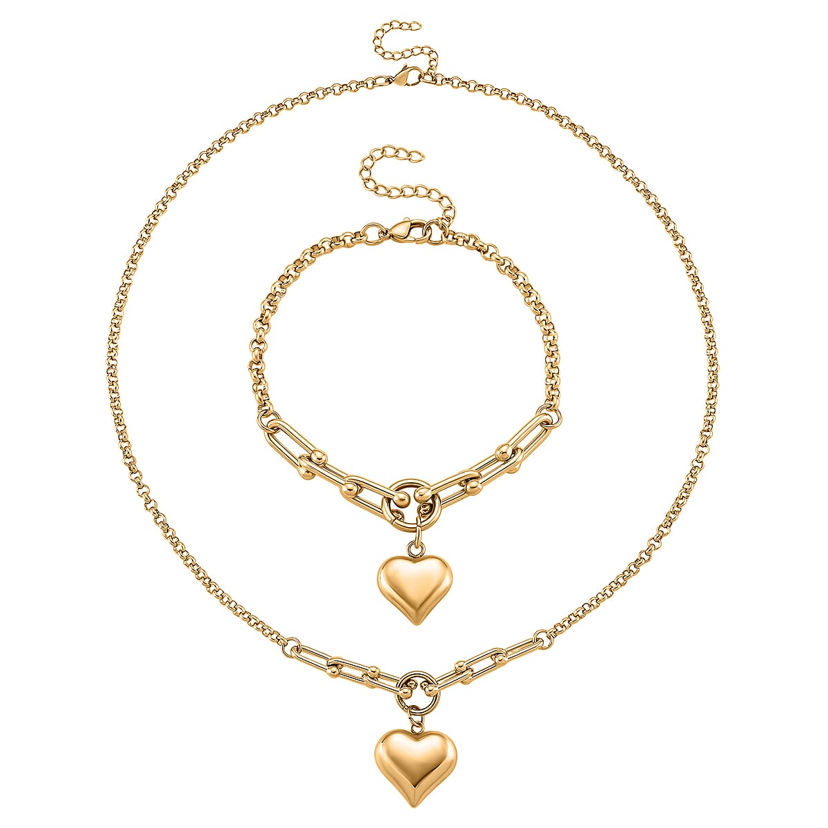 2pcs Set - Lovely Heart Charm Bracelet (8.0In) and Necklace 24 Inches in ION Plated YG Stainless Steel image number 0