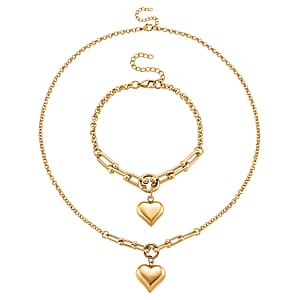 2pcs Set - Lovely Heart Charm Bracelet (8.0In) and Necklace 24 Inches in ION Plated YG Stainless Steel