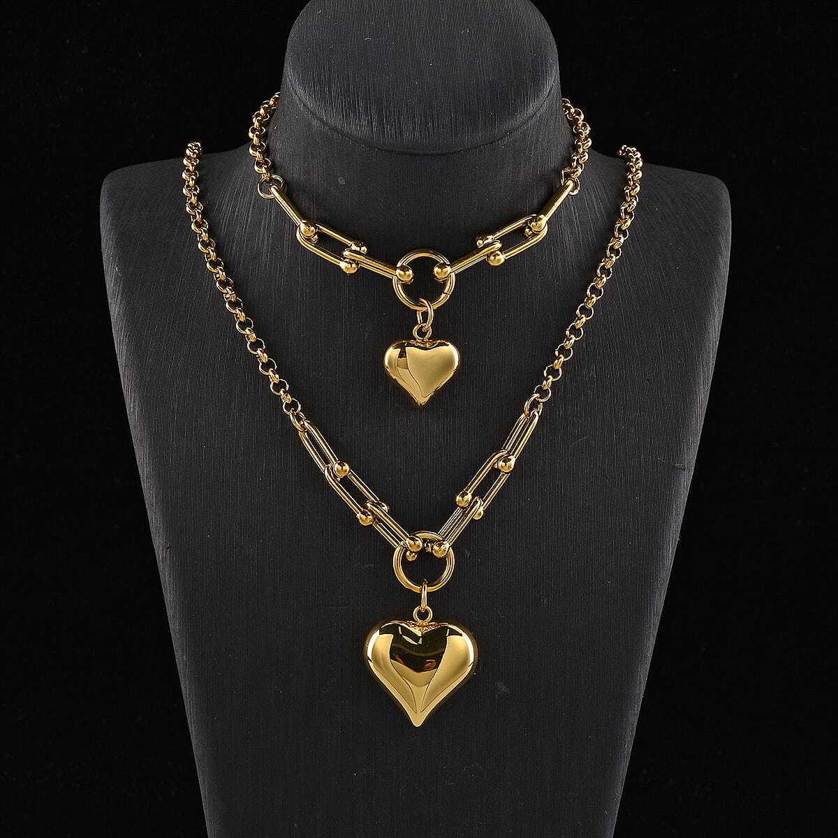 2pcs Set - Lovely Heart Charm Bracelet (8.0In) and Necklace 24 Inches in ION Plated YG Stainless Steel image number 1