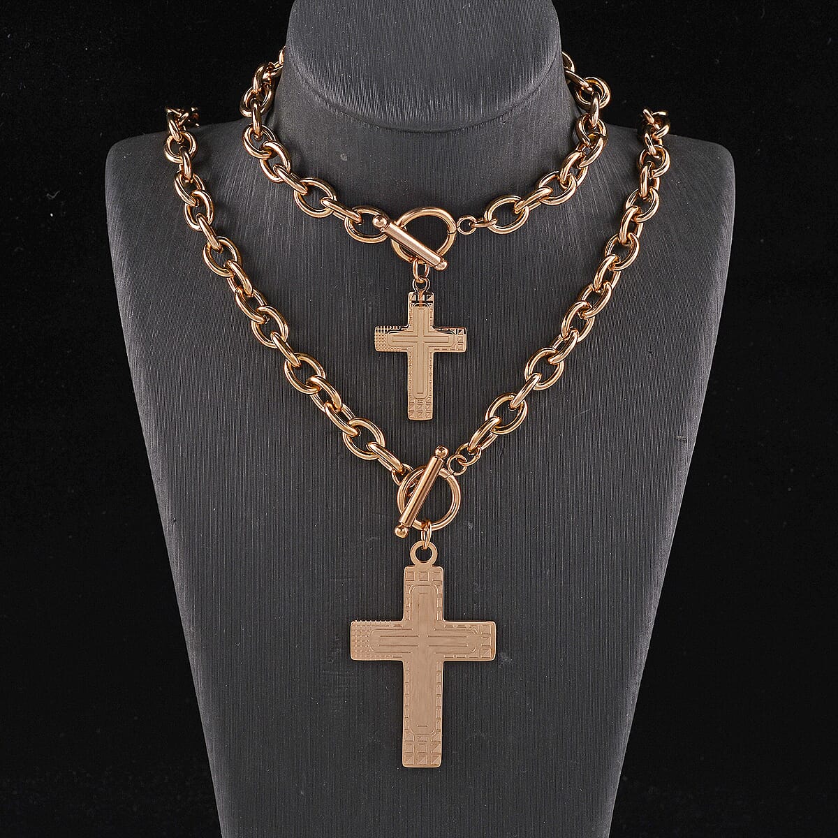 Cross Charm Cable Chain Necklace 24 Inches and Bracelet (8.0In) in ION Plated RG Stainless Steel image number 1