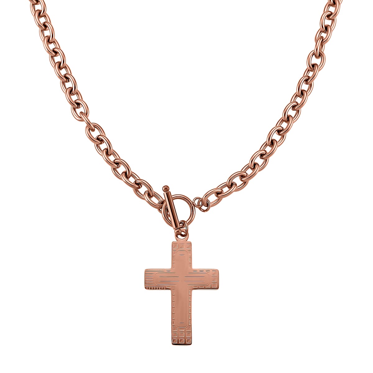 Cross Charm Cable Chain Necklace 24 Inches and Bracelet (8.0In) in ION Plated RG Stainless Steel image number 3