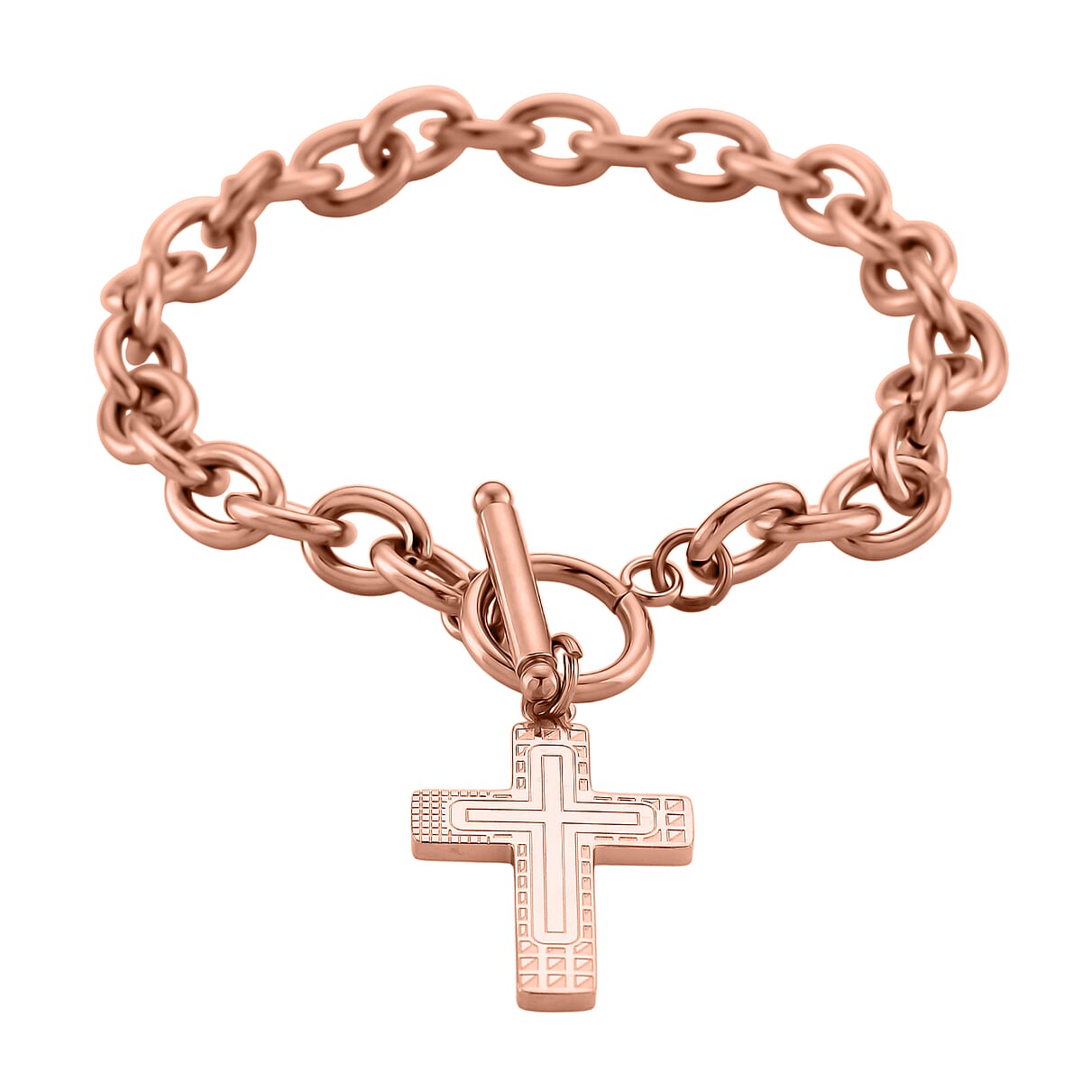 Cross Charm Cable Chain Necklace 24 Inches and Bracelet (8.0In) in ION Plated RG Stainless Steel image number 6