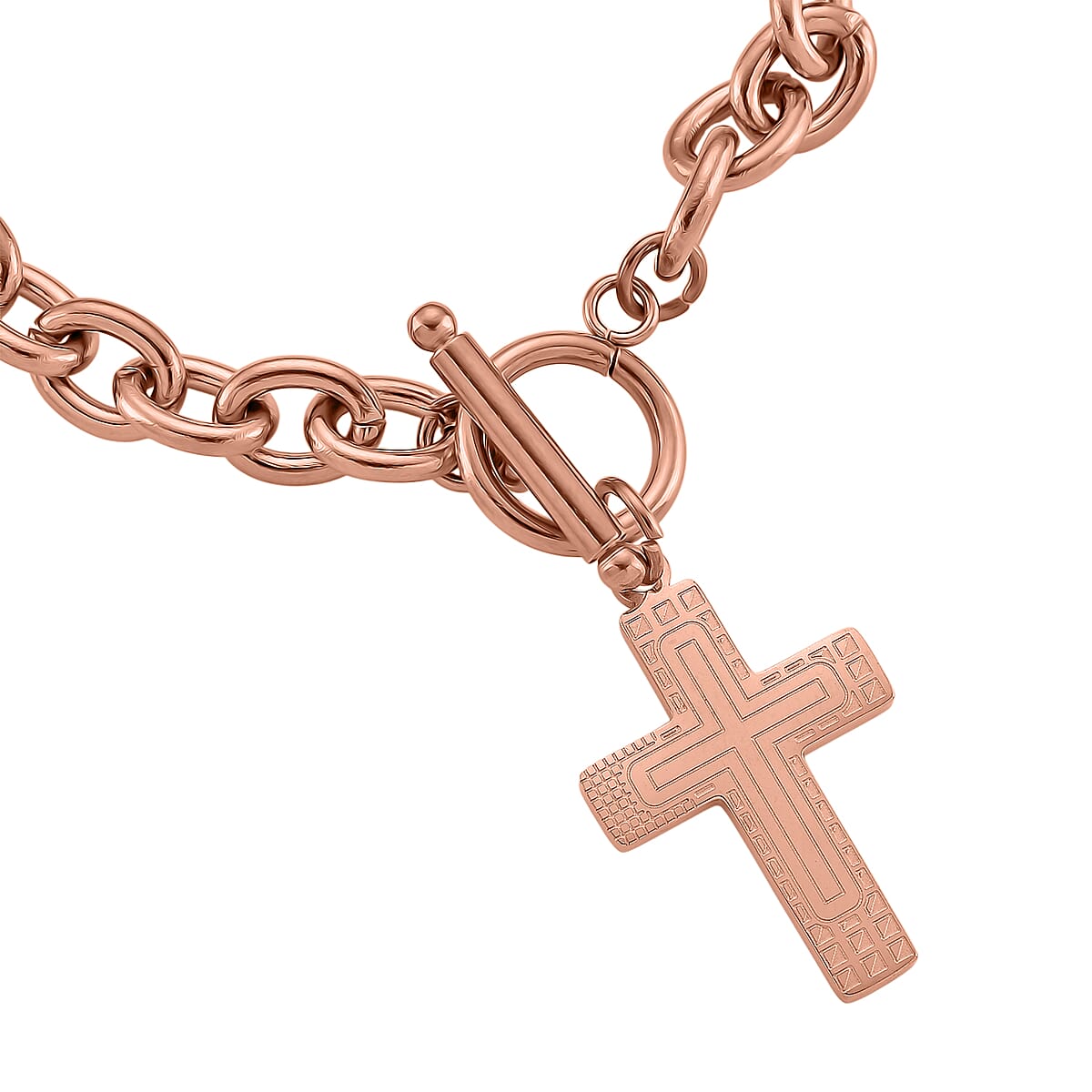 Cross Charm Cable Chain Necklace 24 Inches and Bracelet (8.0In) in ION Plated RG Stainless Steel image number 8
