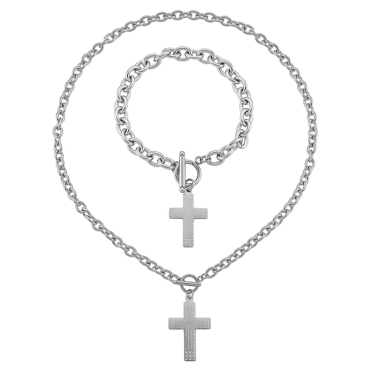 Cross Charm Cable Chain Necklace 24 Inches and Bracelet (8.0In) in Stainless Steel image number 0
