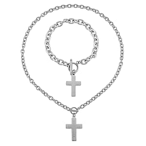 Cross Charm Cable Chain Necklace 24 Inches and Bracelet (8.0In) in Stainless Steel