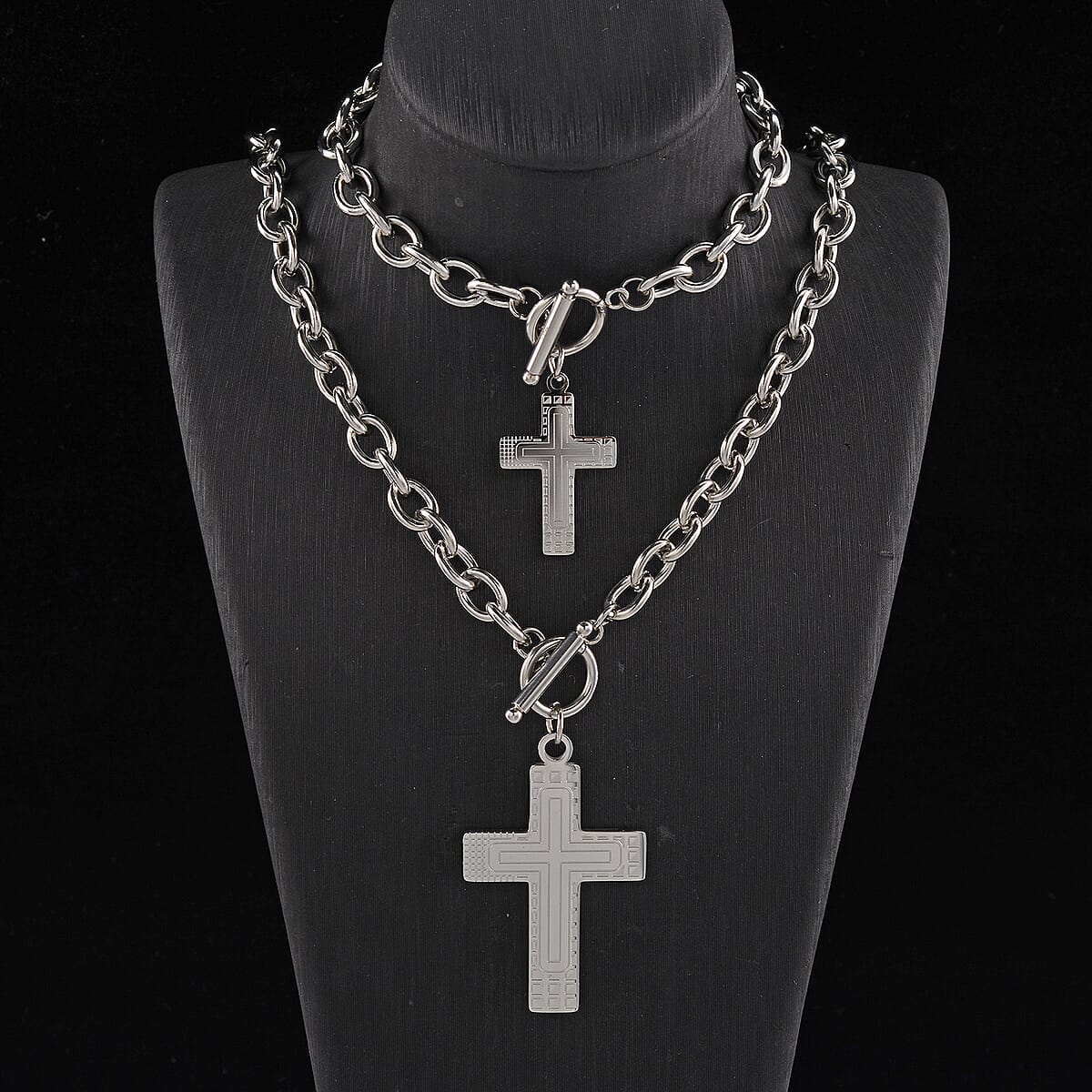 Cross Charm Cable Chain Necklace 24 Inches and Bracelet (8.0In) in Stainless Steel image number 1