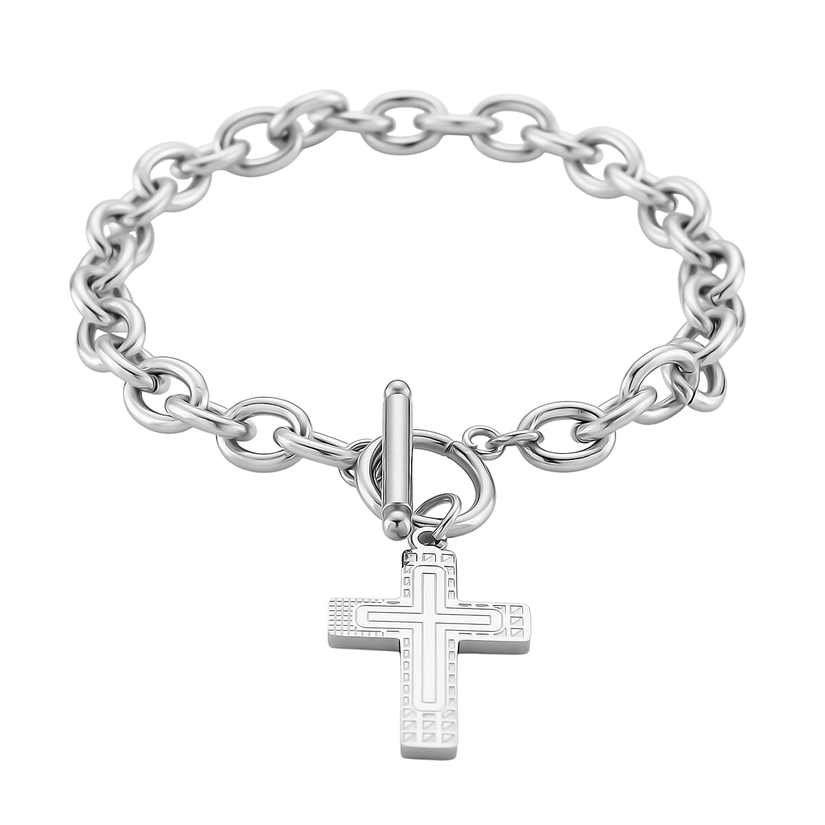 Cross Charm Cable Chain Necklace 24 Inches and Bracelet (8.0In) in Stainless Steel image number 6