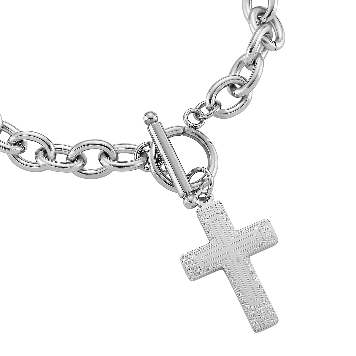 Cross Charm Cable Chain Necklace 24 Inches and Bracelet (8.0In) in Stainless Steel image number 8