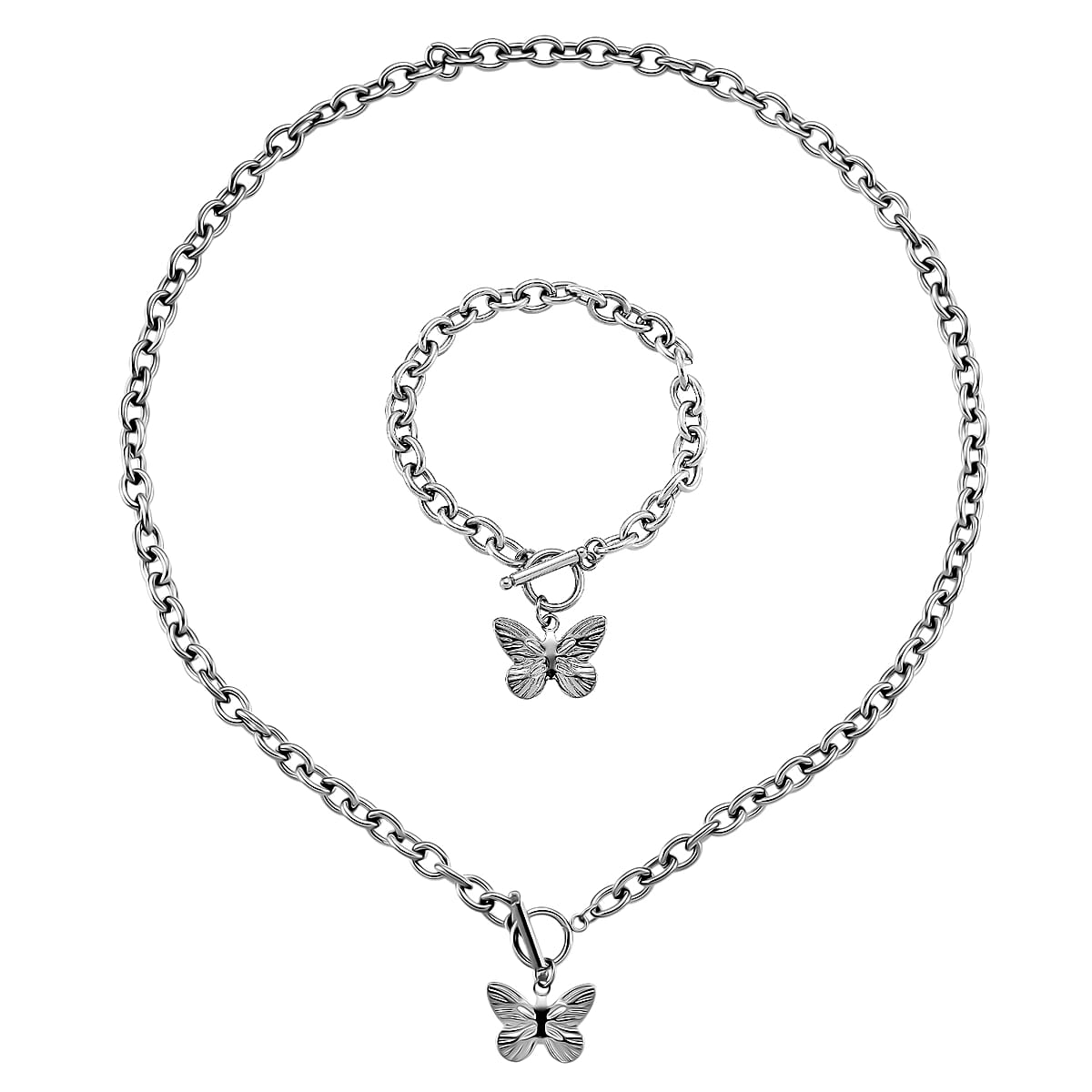 2pcs Set - Beautiful Butterfly Charm Bracelet (8.0In) and Necklace 24 Inches in Stainless Steel image number 0