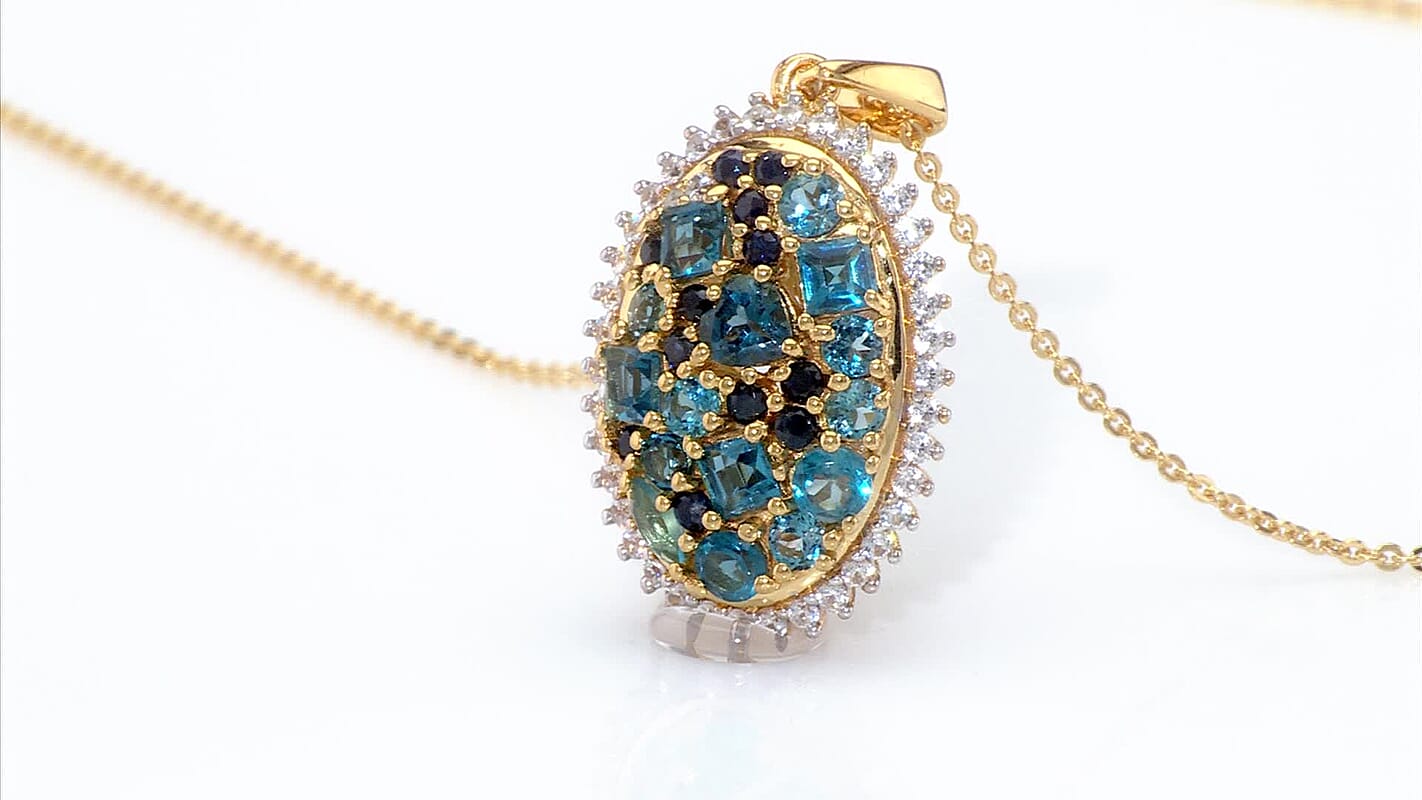 Premium London Blue Topaz and Multi Gemstone 3.00 ctw Ocean Mosaic Pendant Necklace in 18K Vermeil Yellow Gold Over Sterling Silver 20 Inches