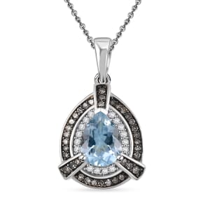 D'Joy Santa Maria Aquamarine, Natural Champagne and White Diamond  1.15 ctw Pendant Necklace in Rhodium Over Sterling Silver 20 Inches