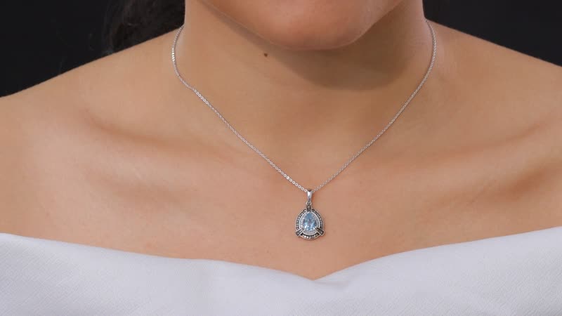 Santa Maria Aquamarine, Natural Champagne and White Diamond  1.15 ctw Pendant Necklace in Rhodium Over Sterling Silver 20 Inches