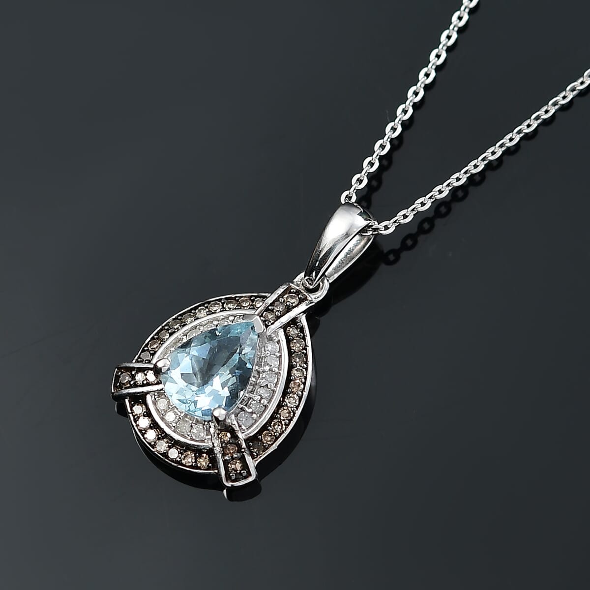 D'Joy Santa Maria Aquamarine, Natural Champagne and White Diamond  1.15 ctw Pendant Necklace in Rhodium Over Sterling Silver 20 Inches image number 1