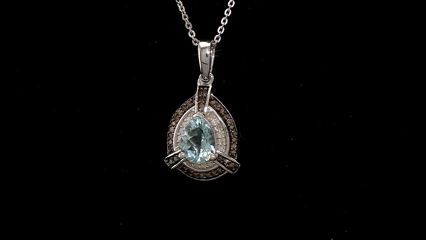 Santa Maria Aquamarine, Natural Champagne and White Diamond  1.15 ctw Pendant Necklace in Rhodium Over Sterling Silver 20 Inches