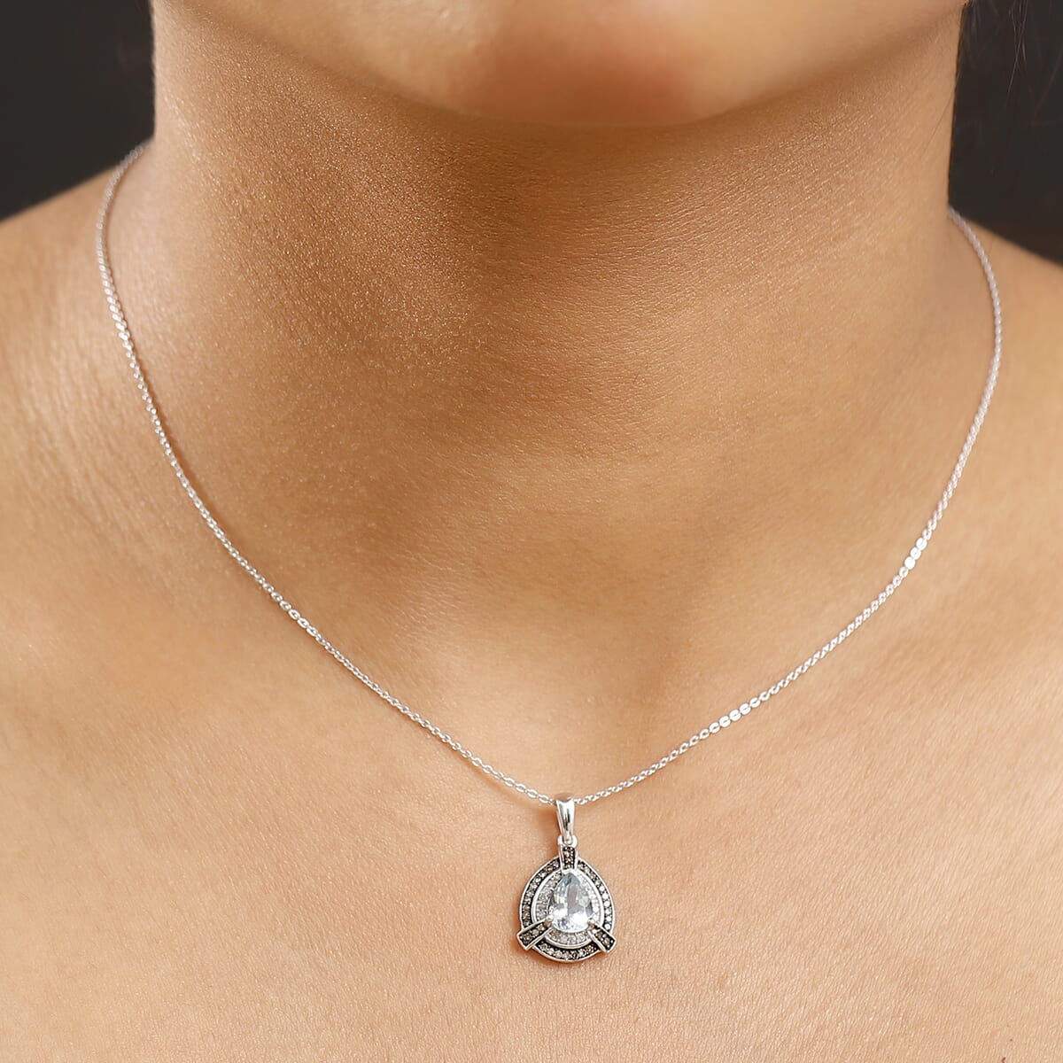 D'Joy Santa Maria Aquamarine, Natural Champagne and White Diamond  1.15 ctw Pendant Necklace in Rhodium Over Sterling Silver 20 Inches image number 2