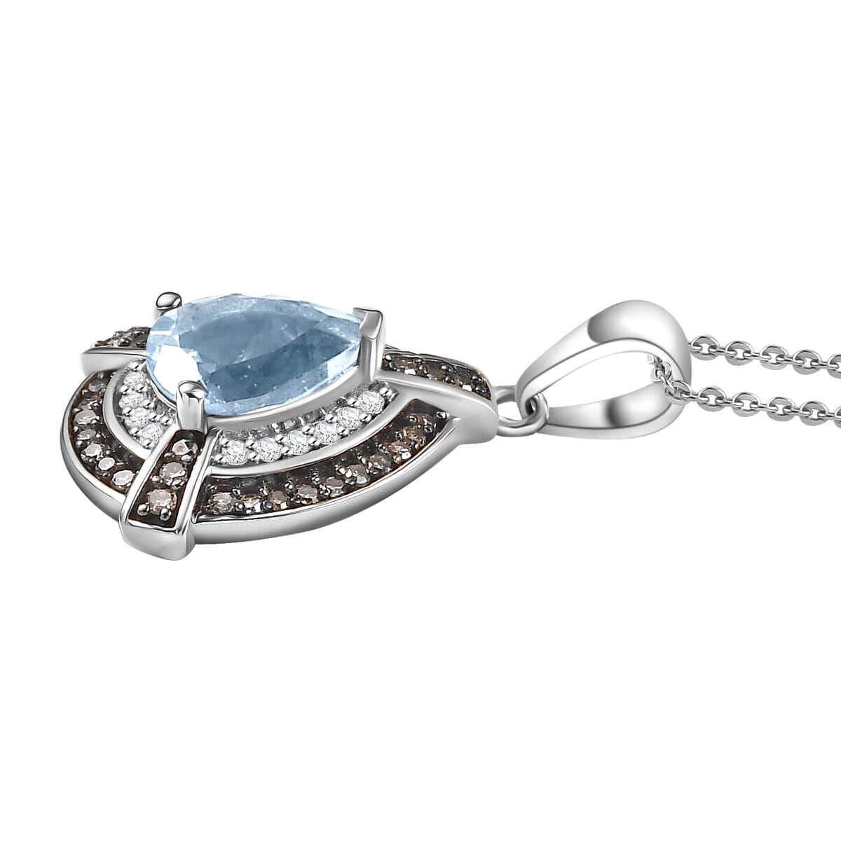D'Joy Santa Maria Aquamarine, Natural Champagne and White Diamond  1.15 ctw Pendant Necklace in Rhodium Over Sterling Silver 20 Inches image number 3