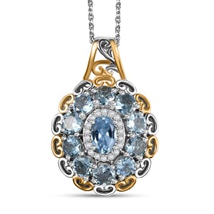 Santa Maria Aquamarine and Moissanite 2.25 ctw Victorian Sky Pendant Necklace in 18K Vermeil YG and Rhodium Over Sterling Silver 20 Inches