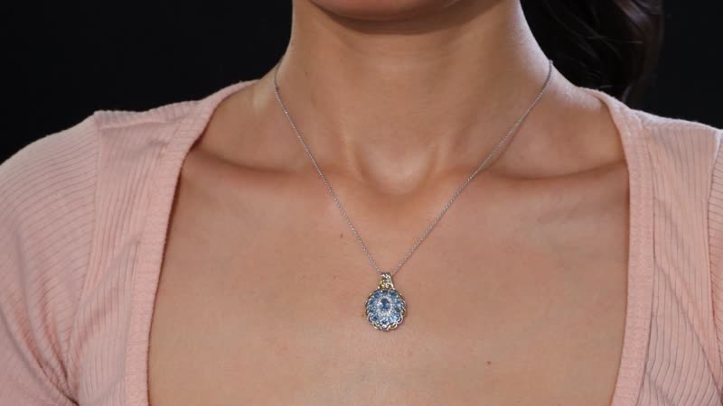 Santa Maria Aquamarine and Moissanite 2.25 ctw Victorian Sky Pendant Necklace in 18K Vermeil YG and Rhodium Over Sterling Silver 20 Inches