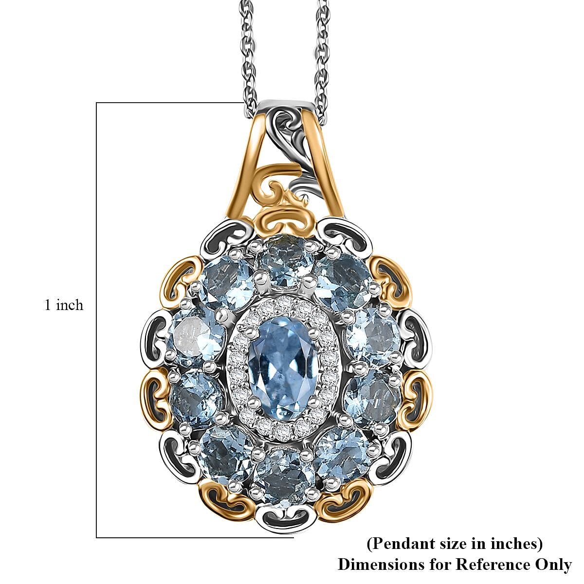 Santa Maria Aquamarine and Moissanite 2.25 ctw Victorian Sky Pendant Necklace in 18K Vermeil YG and Rhodium Over Sterling Silver 20 Inches