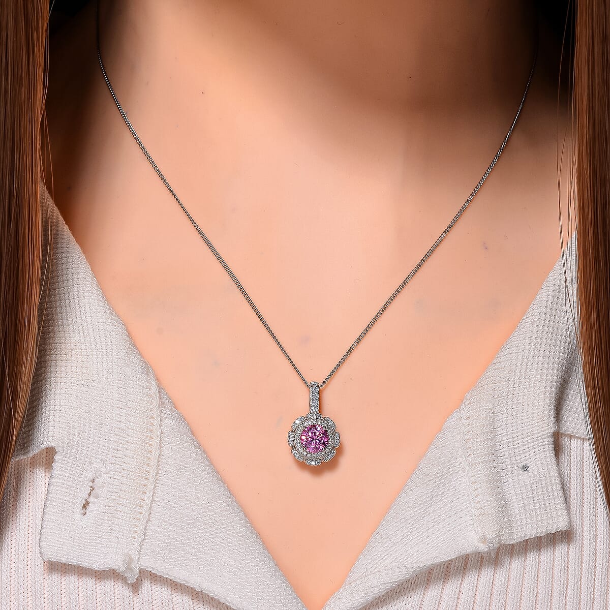 Pink Lotus Coated Moissanite 1.25 ctw Floral Pendant Necklace in Rhodium Over Sterling Silver 18 Inches image number 1
