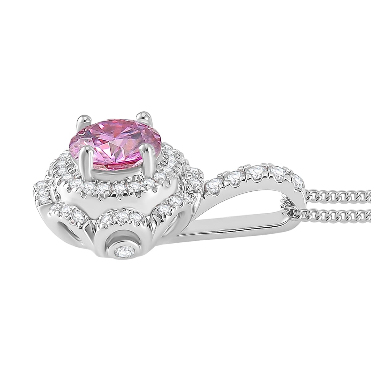 Pink Lotus Coated Moissanite 1.25 ctw Floral Pendant Necklace in Rhodium Over Sterling Silver 18 Inches image number 2