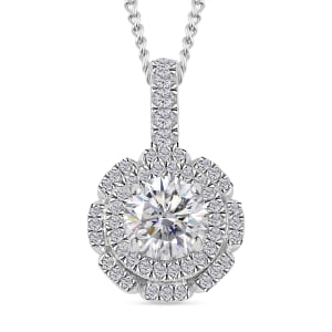 Moissanite 1.30 ctw Floral Pendant Necklace in Rhodium Over Sterling Silver 18 inches