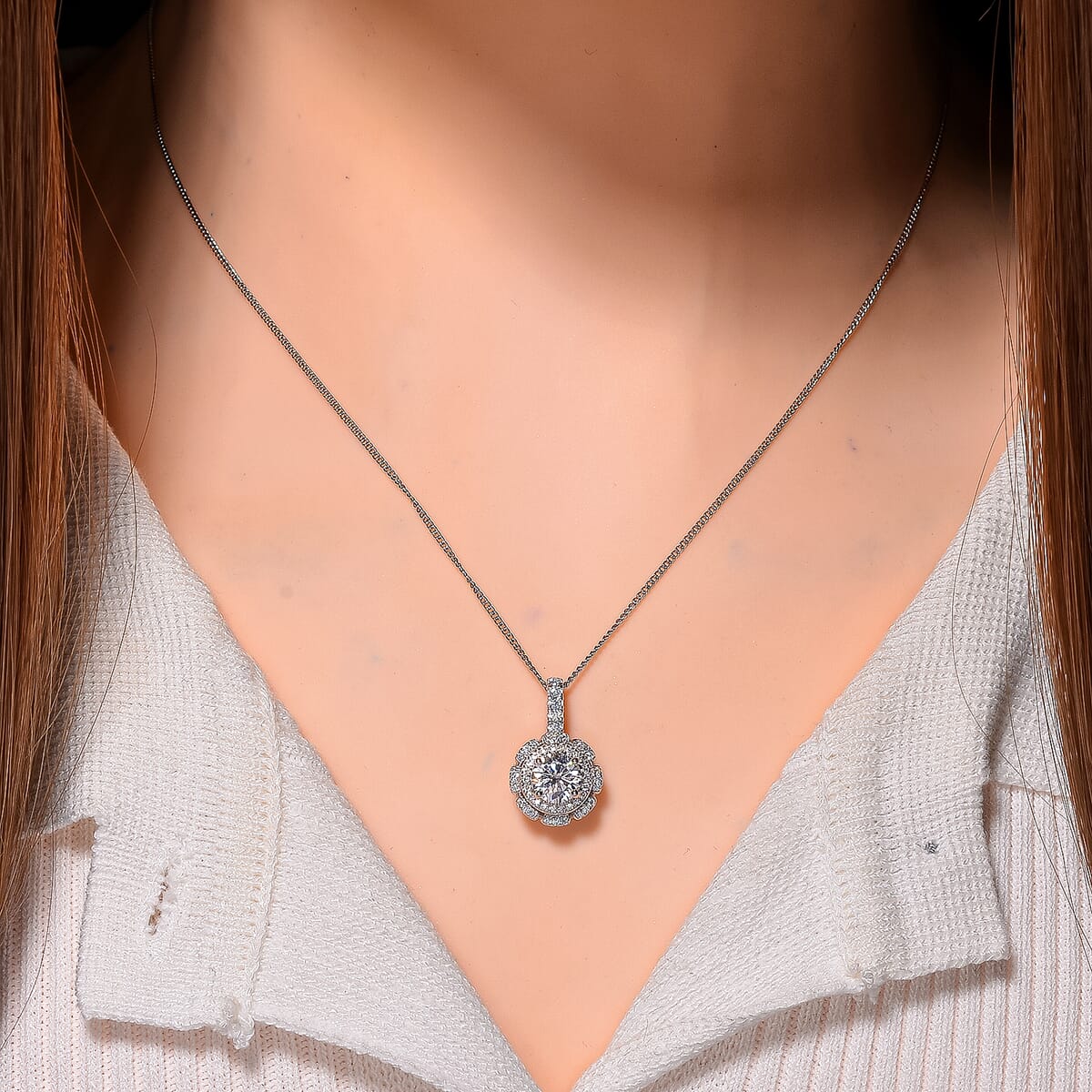 Moissanite 1.30 ctw Floral Pendant Necklace in Rhodium Over Sterling Silver 18 inches image number 1
