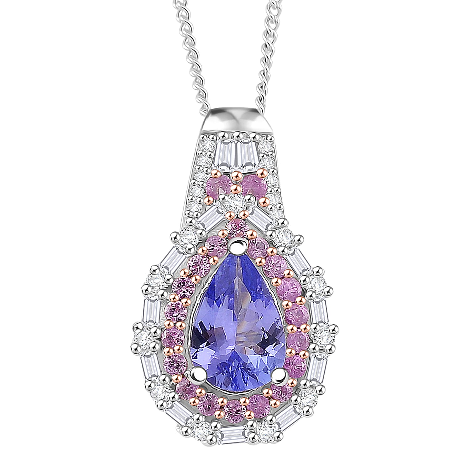 D'Joy Tanzanite and Multi Gemstone 2.20 ctw Rosefire Pendant Necklace in 18K Vermel RG and Rhodium Over Sterling Silver 18 Inche