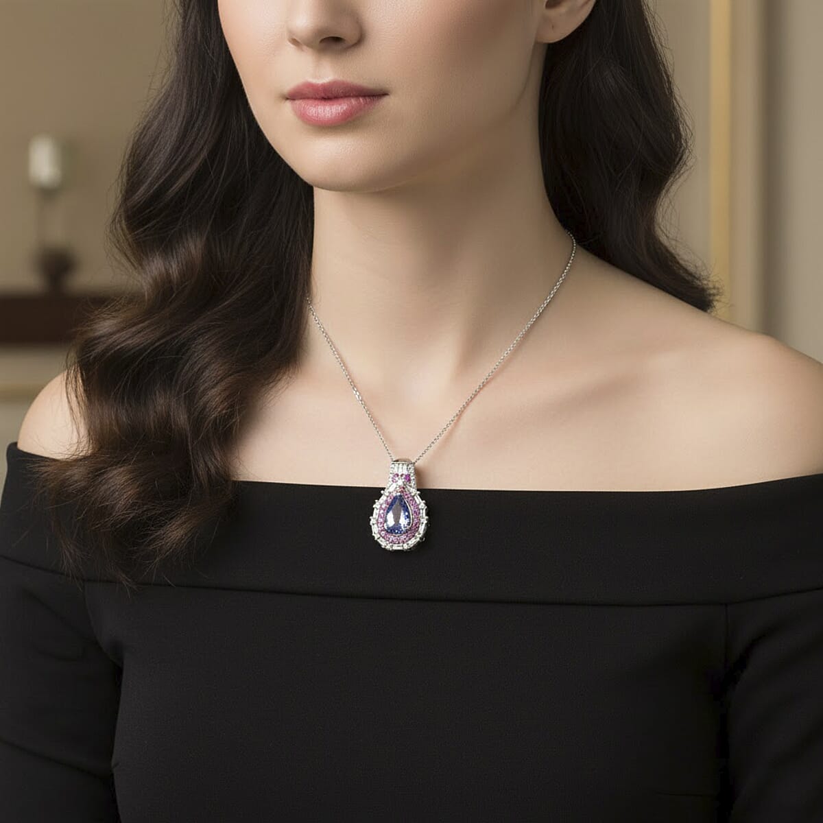 D'Joy Tanzanite, Multi Gemstone Pendant Necklace in Rhodium Over Sterling Silver 2.15 ctw (18 Inches) image number 2