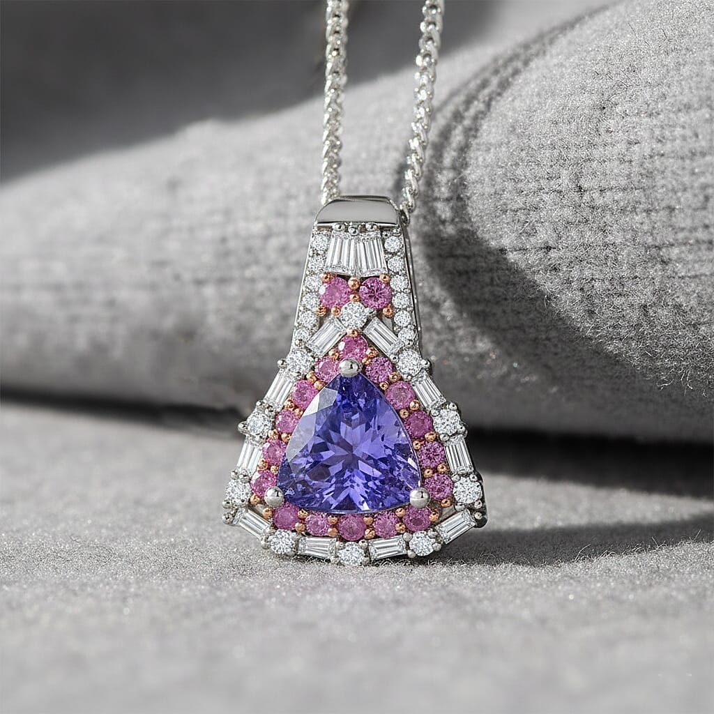 D'Joy Tanzanite and Multi Gemstone 2.00 ctw Rosefire Pendant Necklace in 18K Vermel RG and Rhodium Over Sterling Silver 18 Inches