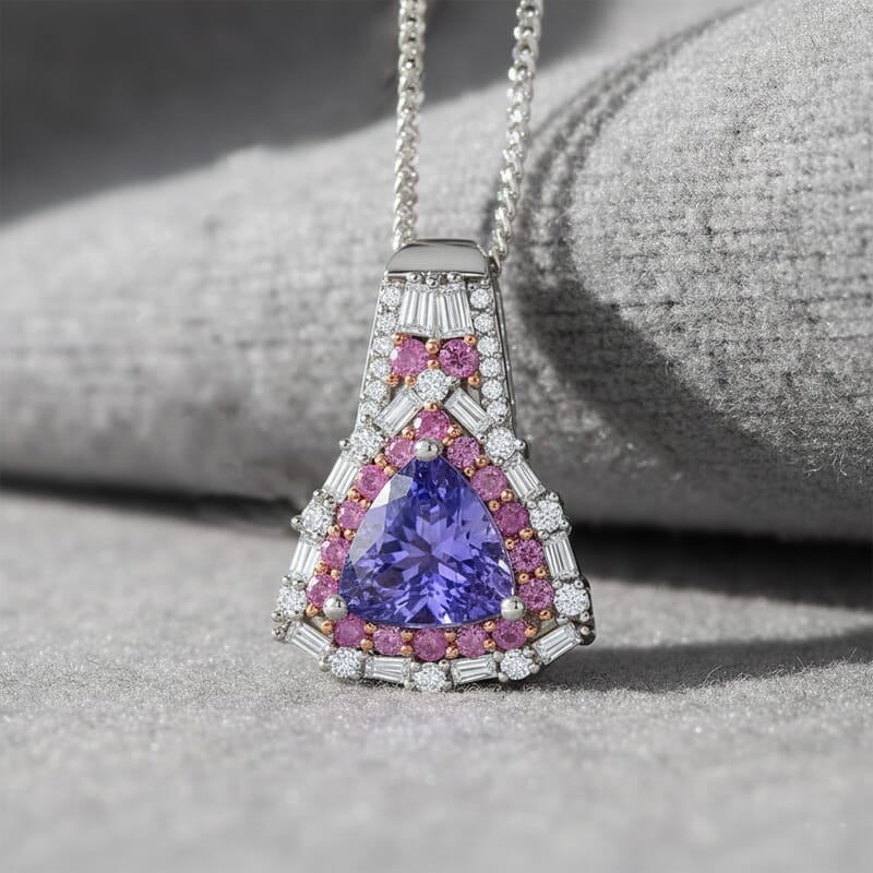 D'Joy Tanzanite and Multi Gemstone 2.00 ctw Rosefire Pendant Necklace in 18K Vermel RG and Rhodium Over Sterling Silver 18 Inches