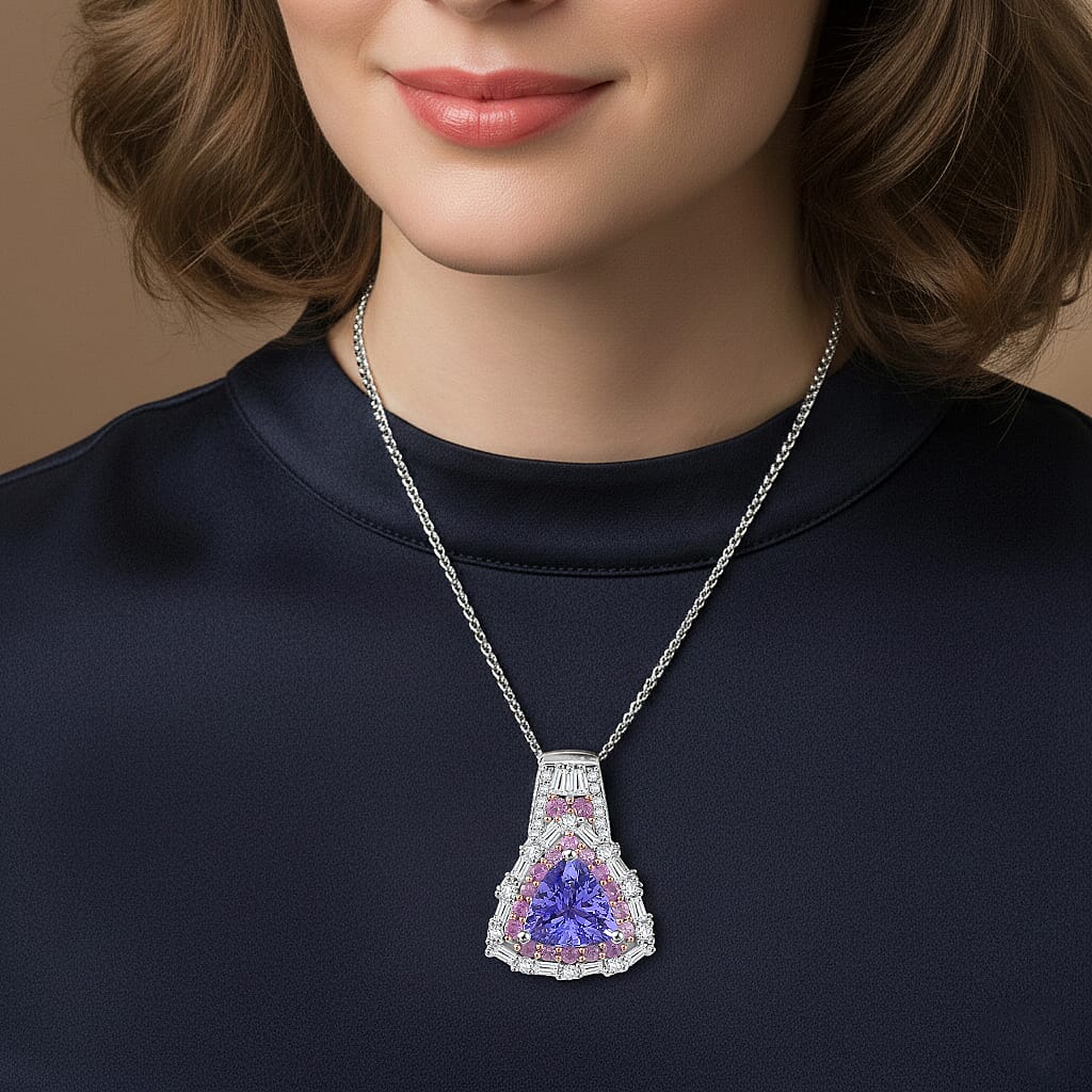 D'Joy Tanzanite and Multi Gemstone 2.00 ctw Rosefire Pendant Necklace in 18K Vermel RG and Rhodium Over Sterling Silver 18 Inches