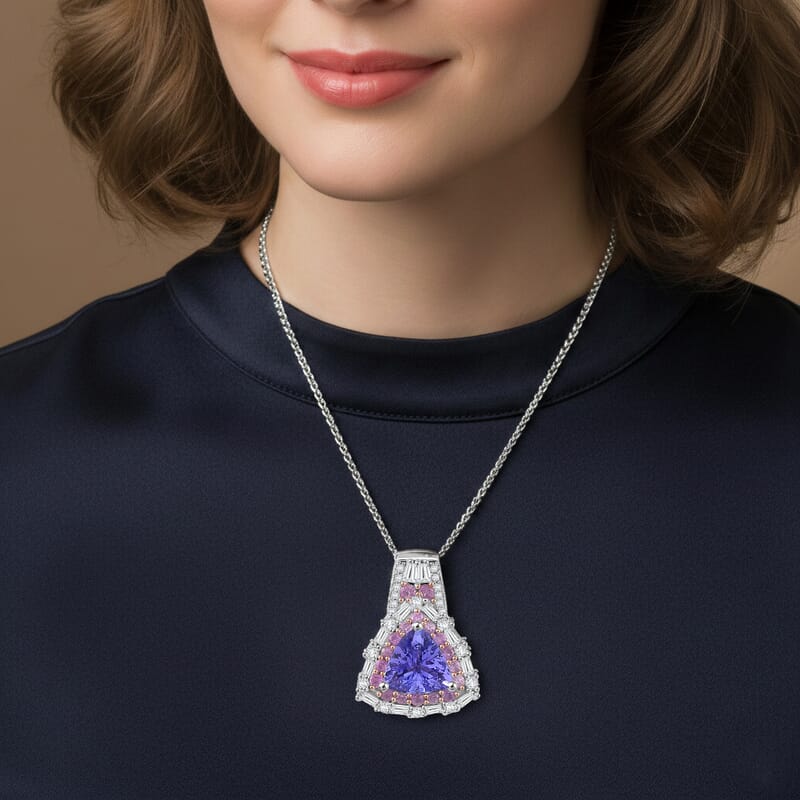 D'Joy Tanzanite and Multi Gemstone 2.00 ctw Rosefire Pendant Necklace in 18K Vermel RG and Rhodium Over Sterling Silver 18 Inches