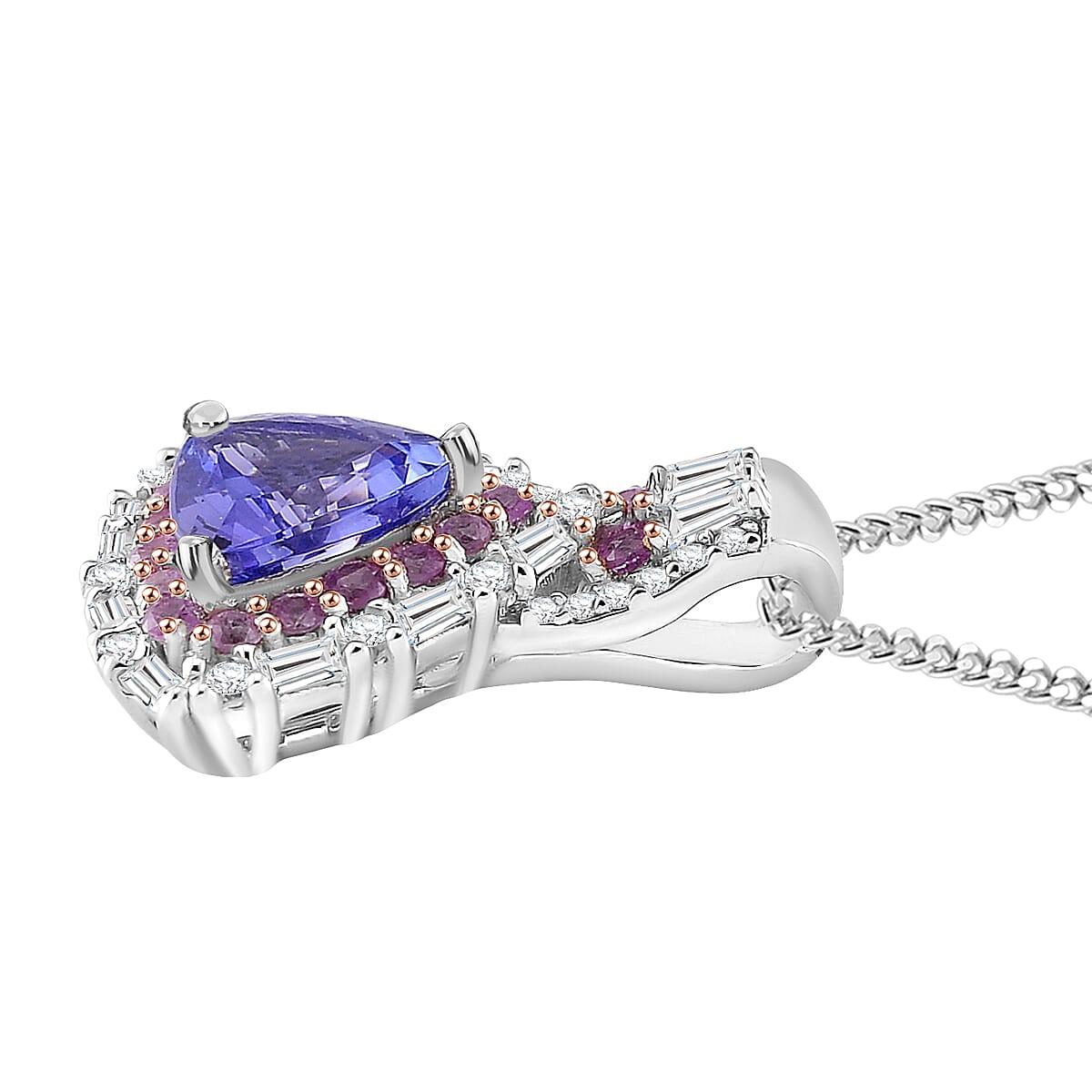 D'Joy Tanzanite and Multi Gemstone 2.00 ctw Rosefire Pendant Necklace in 18K Vermel RG and Rhodium Over Sterling Silver 18 Inches