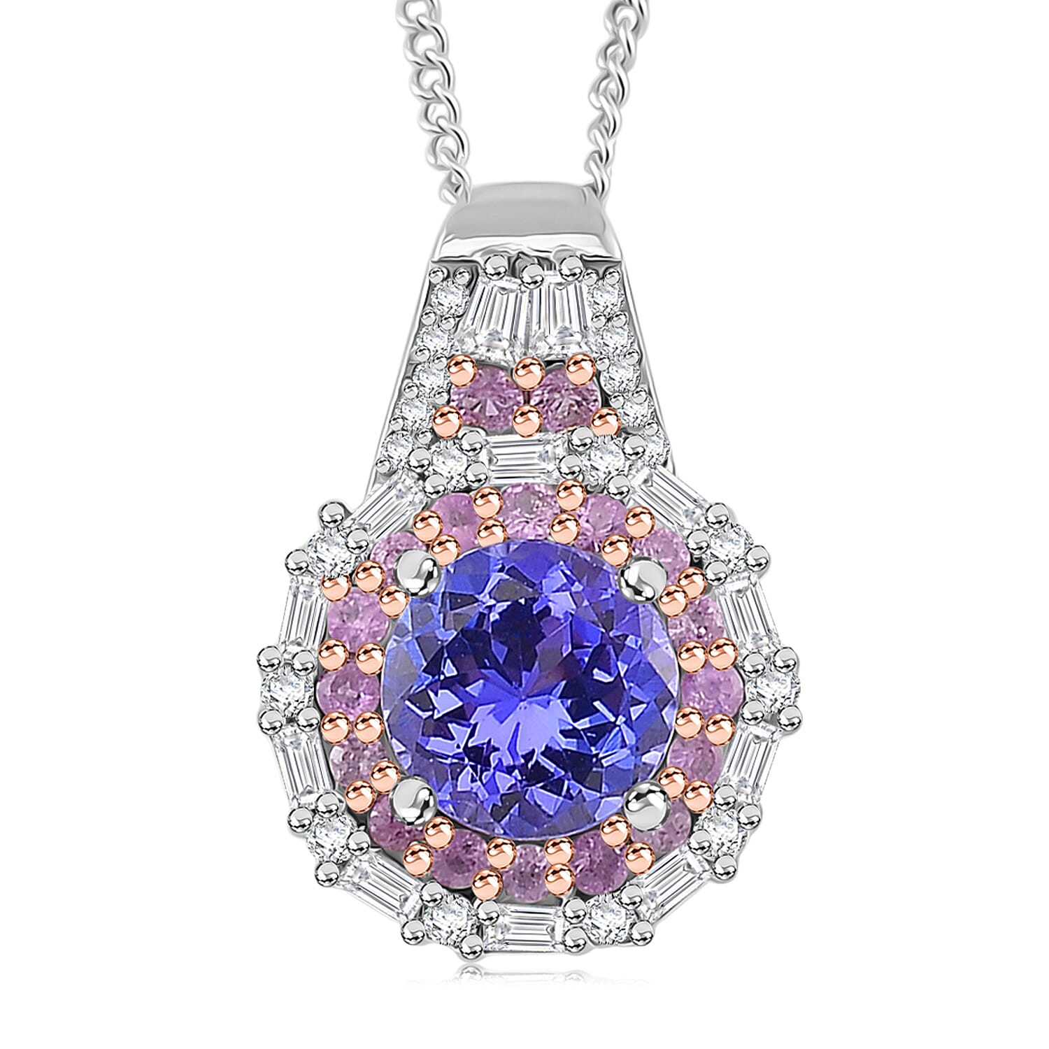 D'Joy Tanzanite and Multi Gemstone 2.20 ctw Rosefire Pendant Necklace in 18K Vermel RG and Rhodium Over Sterling Silver 18 Inche