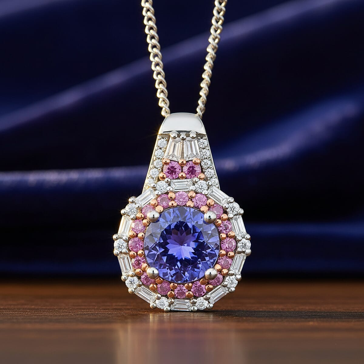 D'Joy Tanzanite and Multi Gemstone 2.20 ctw Rosefire Pendant Necklace in 18K Vermel RG and Rhodium Over Sterling Silver 18 Inches  image number 1