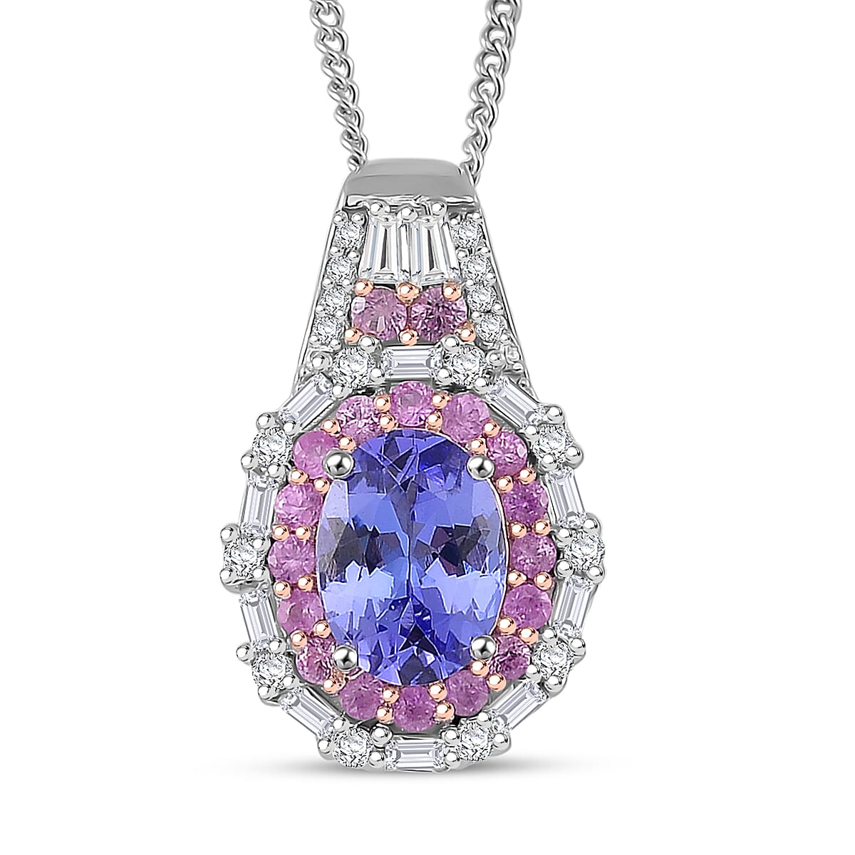 D'Joy Tanzanite and Multi Gemstone 2.15 ctw Rosefire Pendant Necklace in 18K Vermel RG and Rhodium Over Sterling Silver 18 Inches