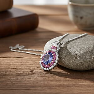 D'Joy Tanzanite and Multi Gemstone 2.15 ctw Rosefire Pendant Necklace in 18K Vermel RG and Rhodium Over Sterling Silver 18 Inches 
