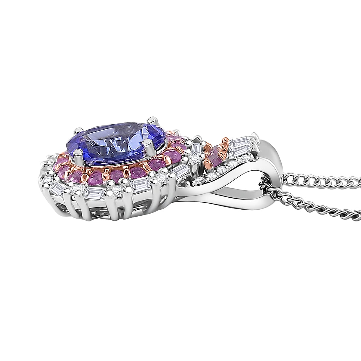 D'Joy Tanzanite and Multi Gemstone 2.15 ctw Rosefire Pendant Necklace in 18K Vermel RG and Rhodium Over Sterling Silver 18 Inches