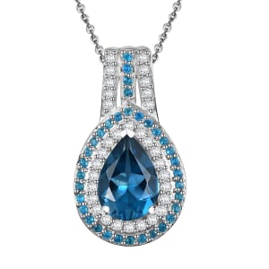 Premium London Blue Topaz and Multi Gemstone 2.90 ctw Ocean Teardrop Pendant Necklace in Rhodium Over Sterling Silver 20 Inches