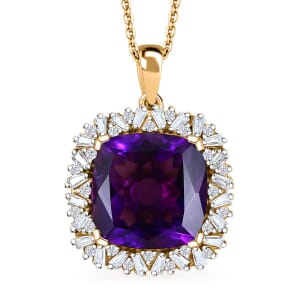 D'Joy AAA Zambian Amethyst and Moissanite 14.60 ctw Majestic Halo Pendant Necklace in 18K Vermeil Yellow Gold Over Sterling Silver 20 Inches