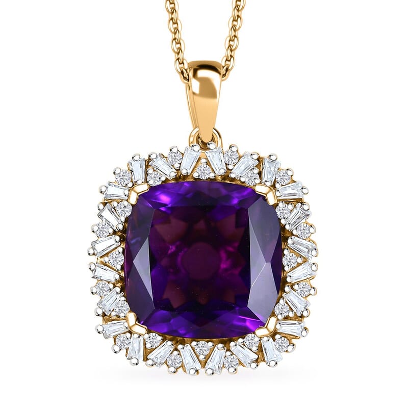 D'Joy AAA Zambian Amethyst and Moissanite 14.60 ctw Majestic Halo Pendant Necklace in 18K Vermeil Yellow Gold Over Sterling Silver 20 Inches