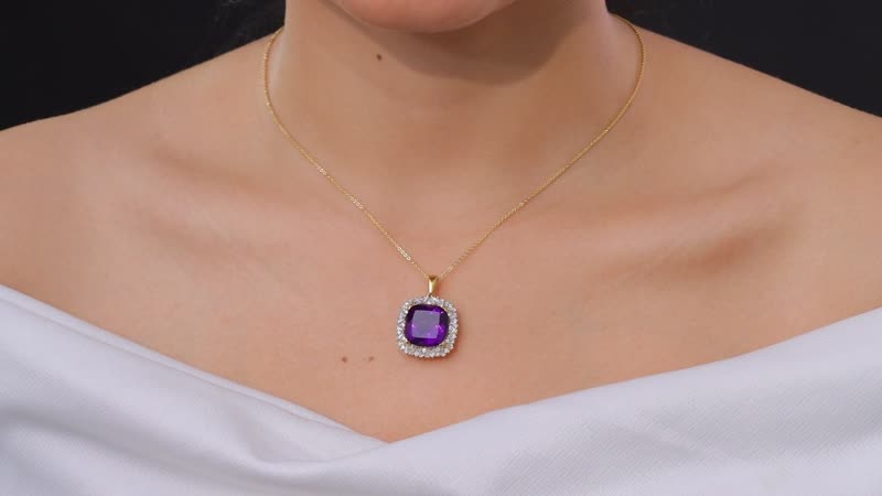 D'Joy AAA Zambian Amethyst and Moissanite 14.60 ctw Majestic Halo Pendant Necklace in 18K Vermeil Yellow Gold Over Sterling Silver 20 Inches