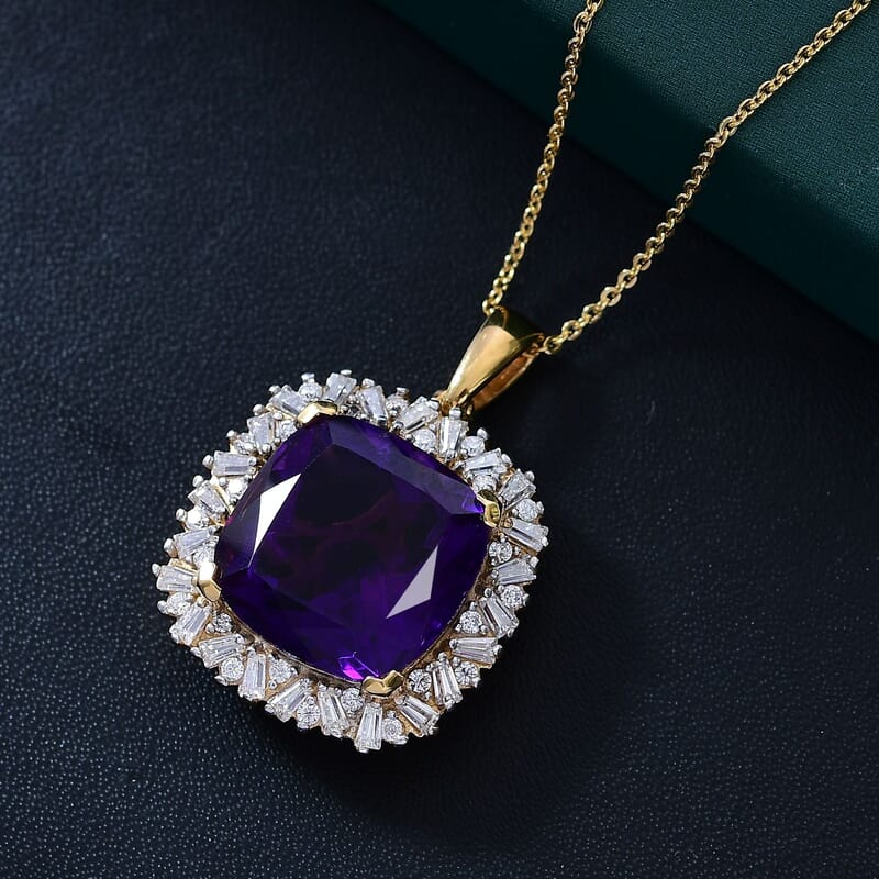 D'Joy AAA Zambian Amethyst and Moissanite 14.60 ctw Majestic Halo Pendant Necklace in 18K Vermeil Yellow Gold Over Sterling Silver 20 Inches