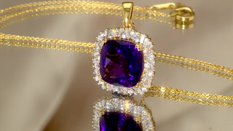 D'Joy AAA Zambian Amethyst and Moissanite 14.60 ctw Majestic Halo Pendant Necklace in 18K Vermeil Yellow Gold Over Sterling Silver 20 Inches