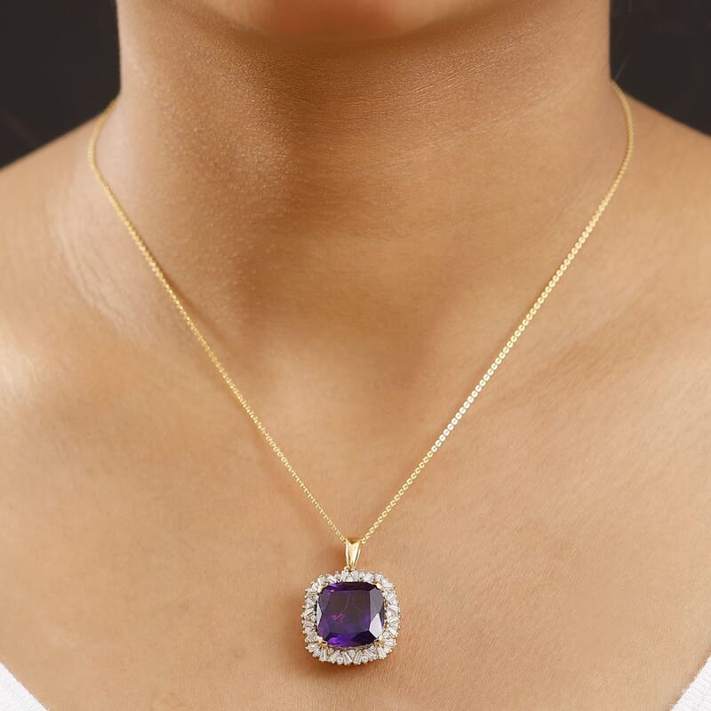 D'Joy AAA Zambian Amethyst and Moissanite 14.60 ctw Majestic Halo Pendant Necklace in 18K Vermeil Yellow Gold Over Sterling Silver 20 Inches