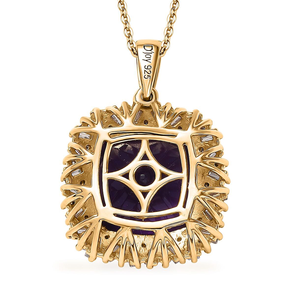 D'Joy AAA Zambian Amethyst and Moissanite 14.60 ctw Majestic Halo Pendant Necklace in 18K Vermeil Yellow Gold Over Sterling Silver 20 Inches