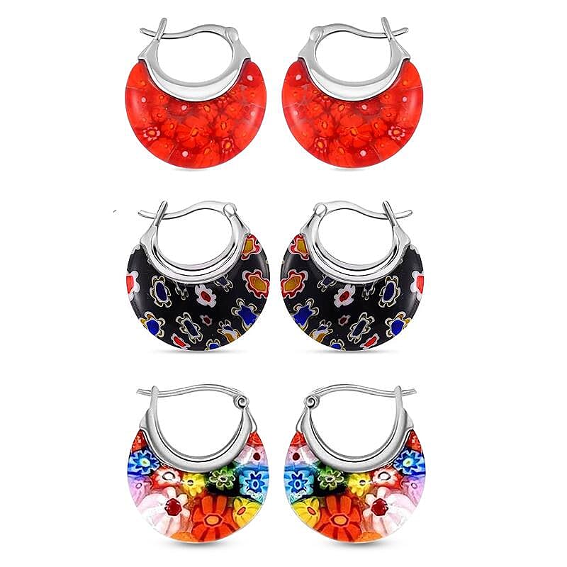 Set of 3 Red, Black and Multi Color Murano Style Basket Earrings in Stainless Steel with Lifetime Guarantee