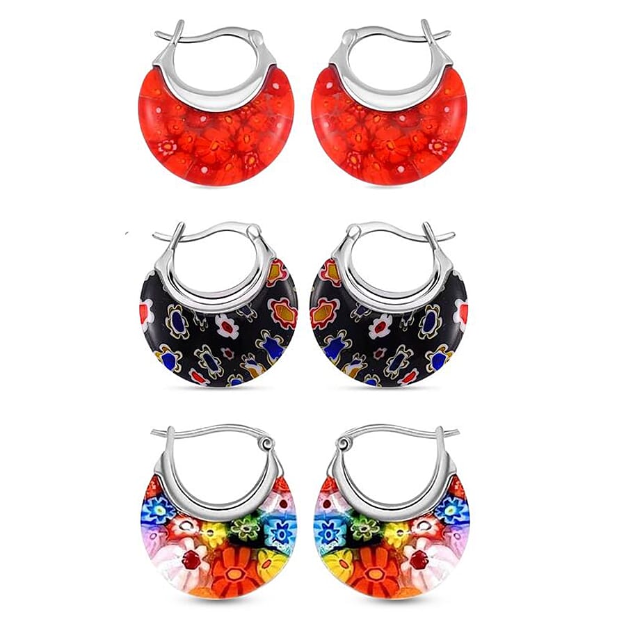Set of 3 Red, Black and Multi Color Murano Style Basket Earrings in Stainless Steel with Lifetime Guarantee